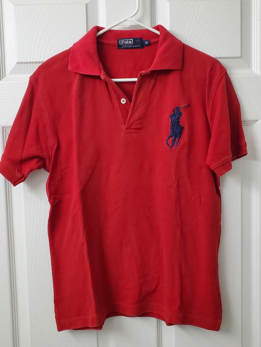 Polo By Ralph Lauren Men's Red Cotton Collar Polo with Navy Pony Patch Number 3